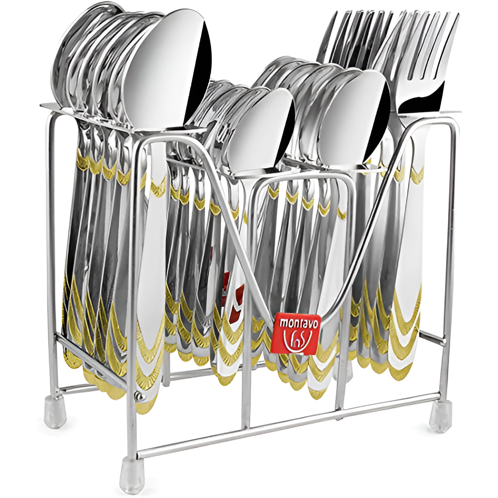 24-piece Stainlessss steel cutlery with gold detailing arranged neatly in Montalvo stand.