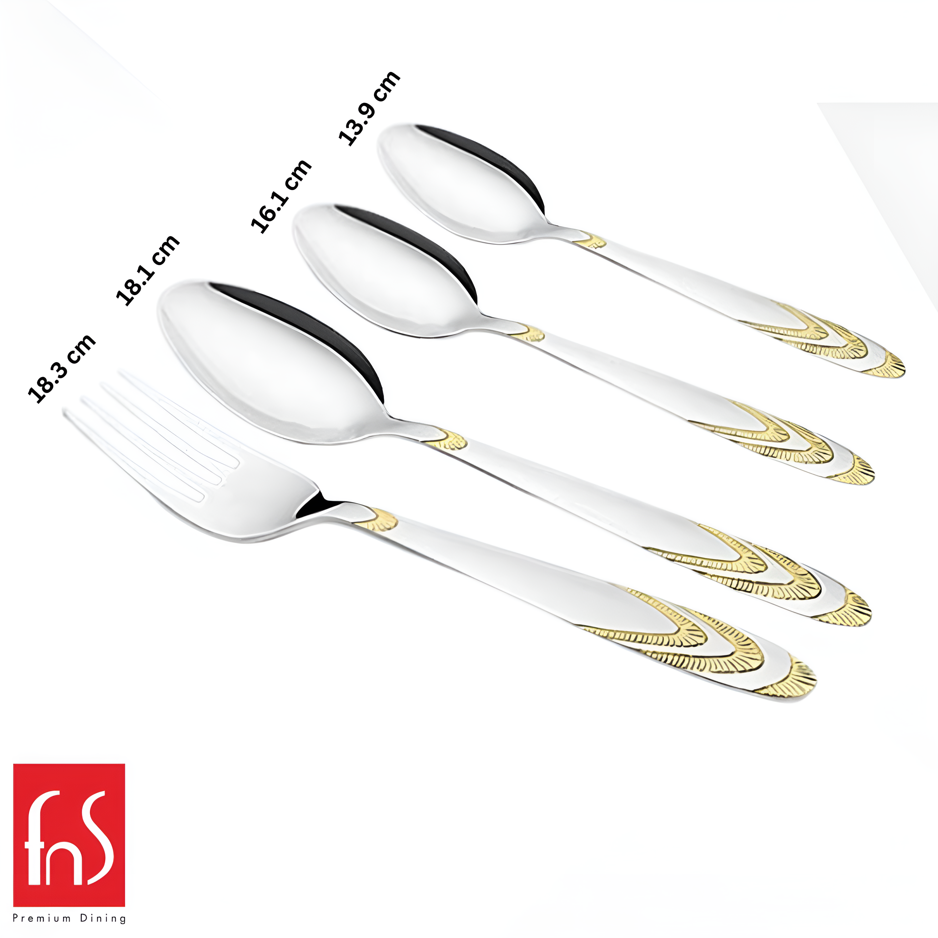 Four gold-accented stainless steel cutlery pieces shown diagonally with size measurements in centimeters.
