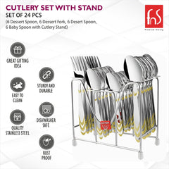 24-piece FNS cutlery set in metal stand with gold detailing, shown with product features and icons.
