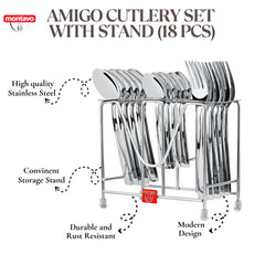 18-piece stainless steel cutlery set in stand with labels highlighting rust resistance and modern design.