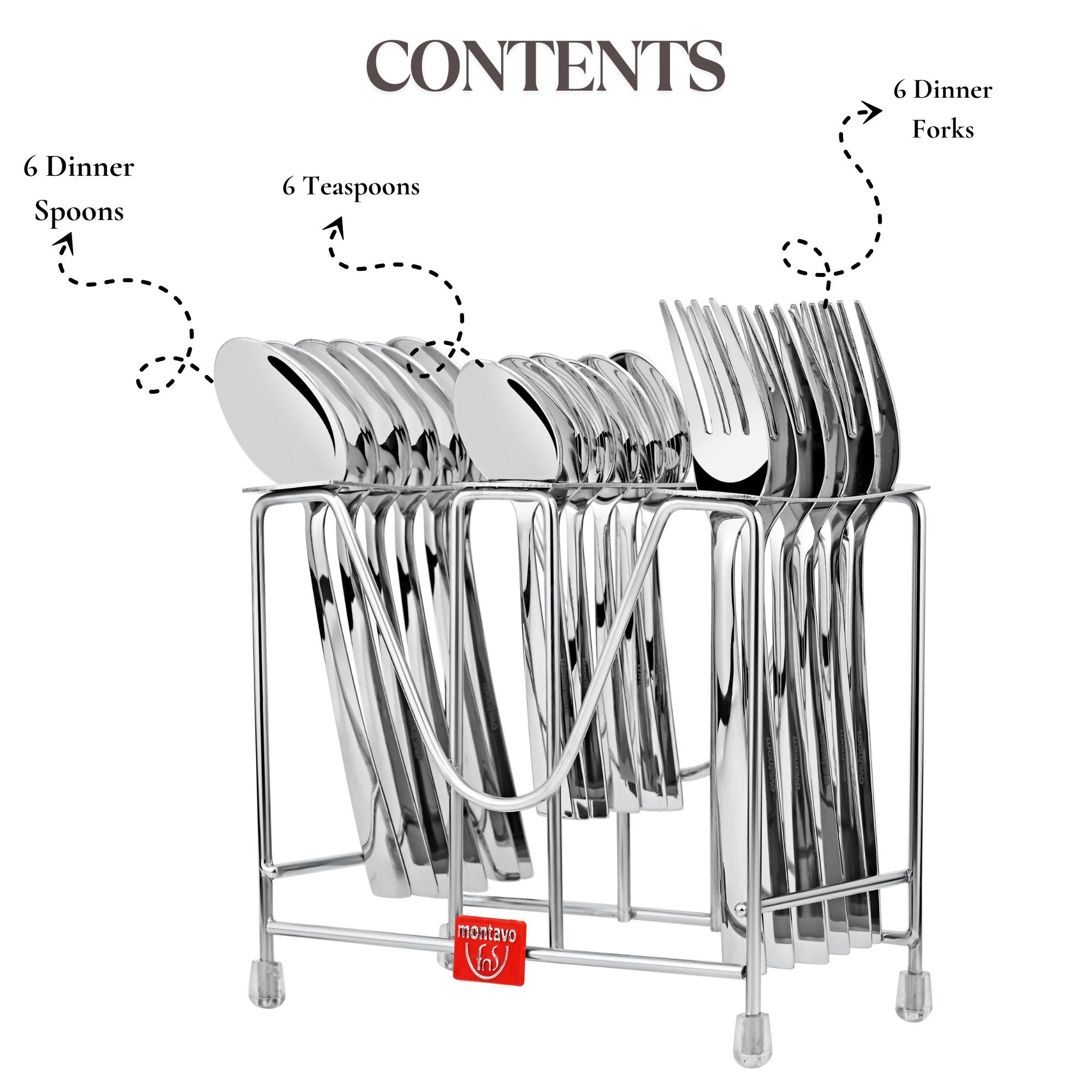 18-piece cutlery set with stand showing labeled contents: 6 dinner spoons, 6 forks, 6 teaspoons.