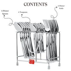 18-piece cutlery set with stand showing labeled contents: 6 dinner spoons, 6 forks, 6 teaspoons.