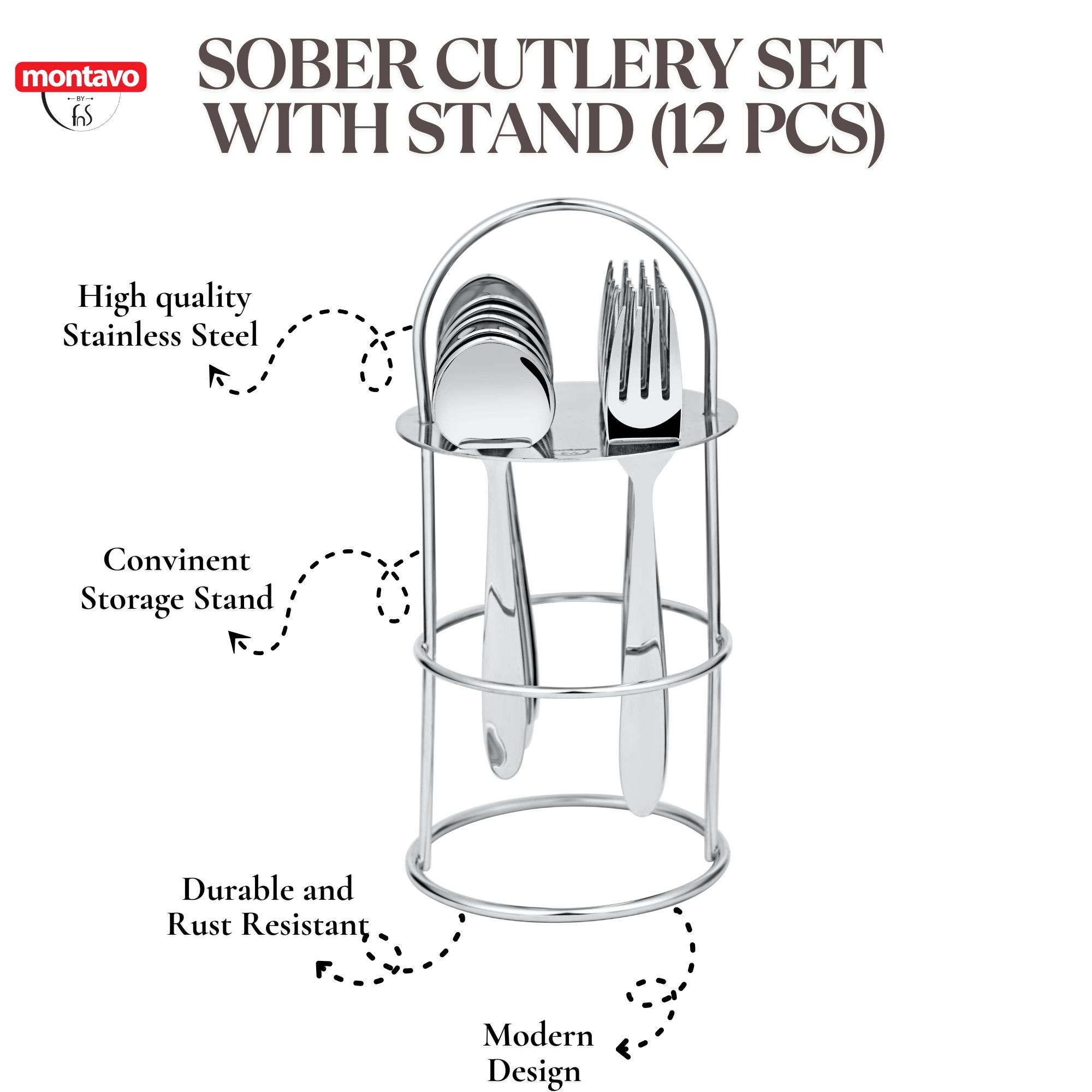 Stainless steel cutlery set in sleek stand, labeled with benefits like durability, modern design, and convenience.