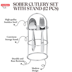 Stainless steel cutlery set in sleek stand, labeled with benefits like durability, modern design, and convenience.