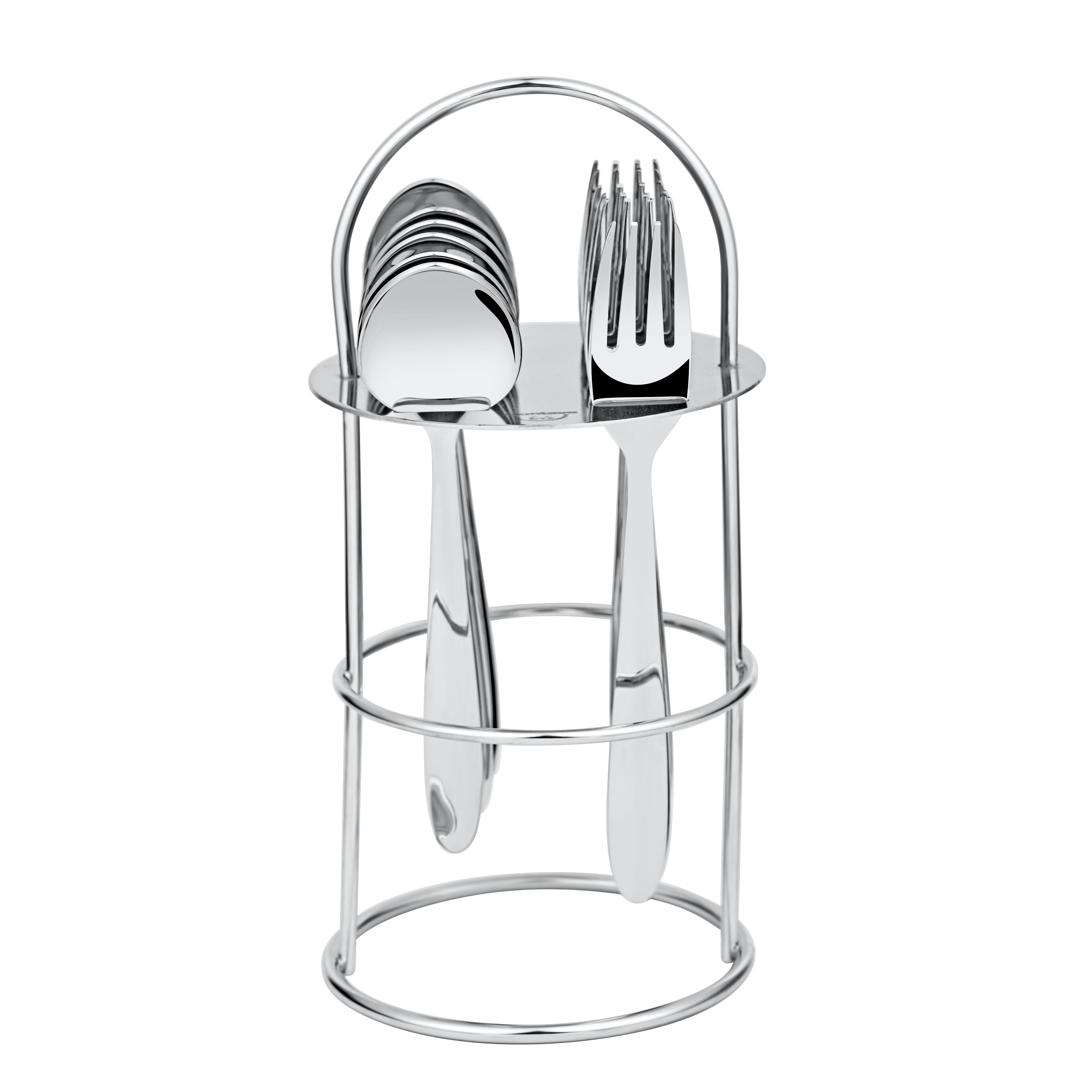 12-piece stainless steel spoon and fork set neatly placed in vertical wire stand on white background.