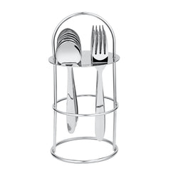 12-piece stainless steel spoon and fork set neatly placed in vertical wire stand on white background.