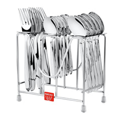 Stainless steel cutlery set organized in chrome Montalvo stand, isolated on a plain white background.