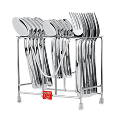 Complete stainless steel cutlery set in sleek metal rack, isolated on white with red Montavo branding.
