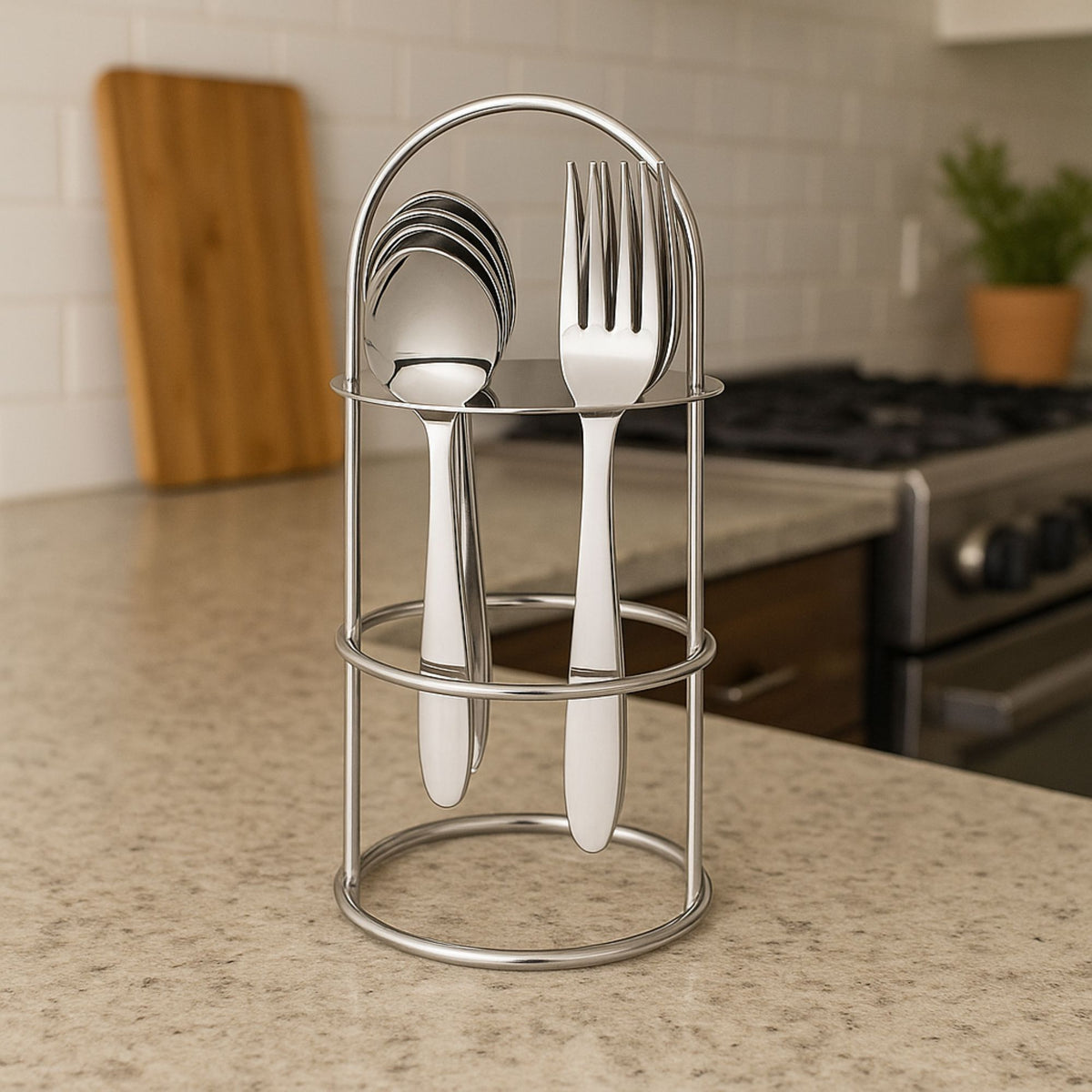 Stainless steel cutlery set in metal stand placed on modern kitchen counter near stove and cutting board.