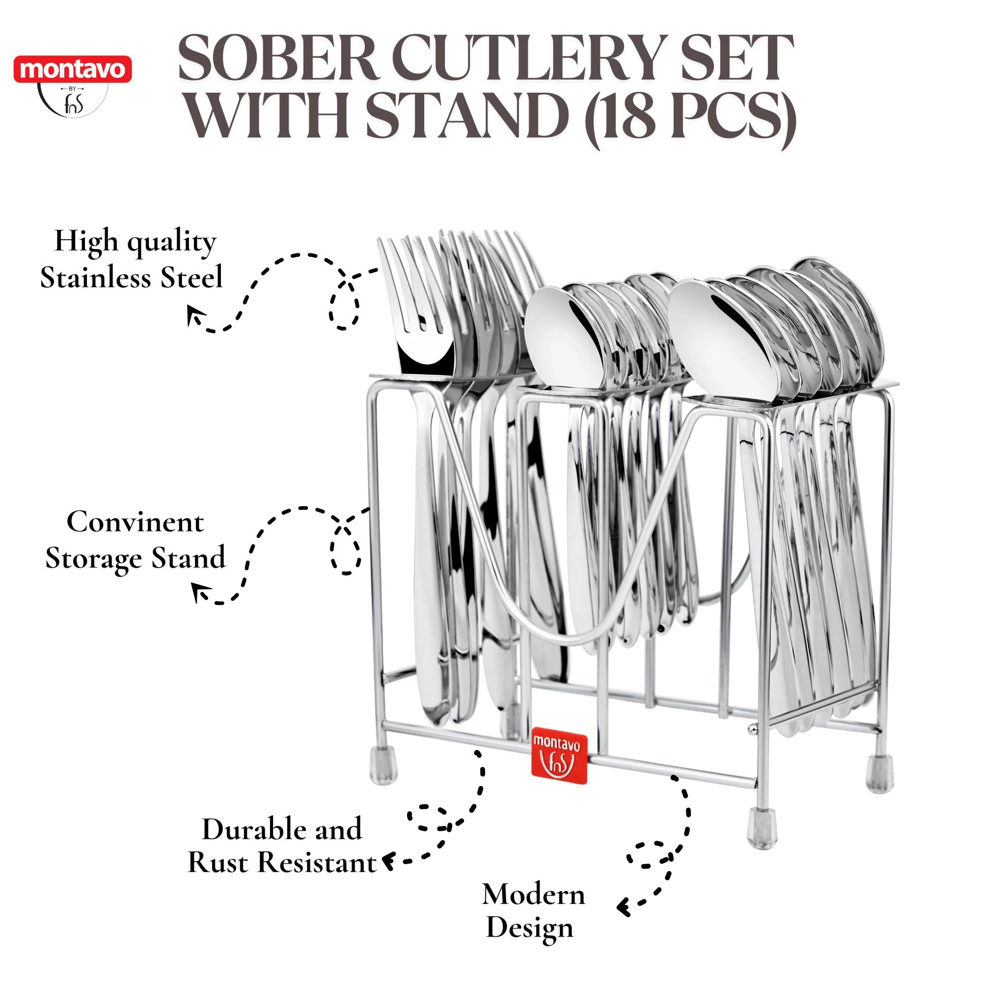 FnS Sober Cutlery Set with 18 pieces on a modern, rust-resistant stainless steel storage stand.