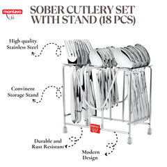 FnS Sober Cutlery Set with 18 pieces on a modern, rust-resistant stainless steel storage stand.