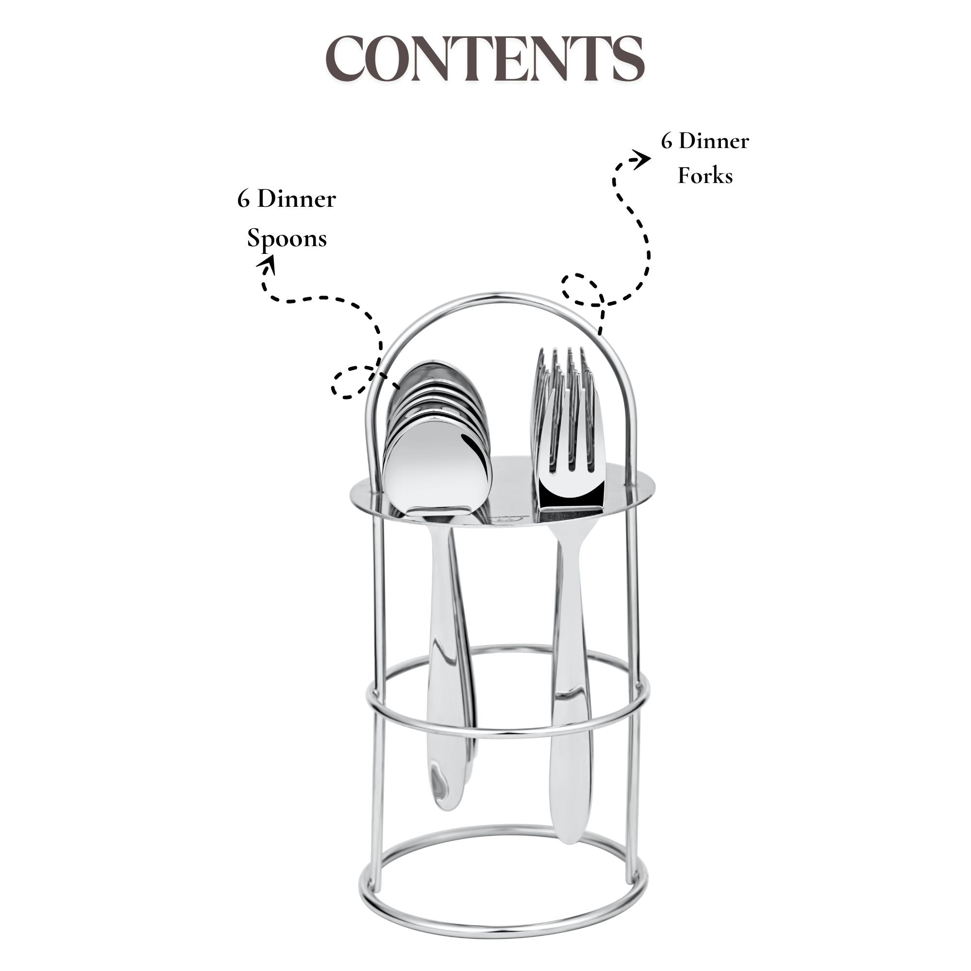 Cutlery set in stand showing six dinner spoons and six forks, clearly labeled for contents overview.
