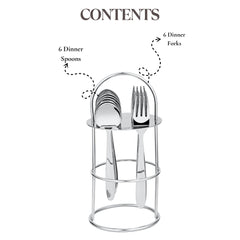 Cutlery set in stand showing six dinner spoons and six forks, clearly labeled for contents overview.