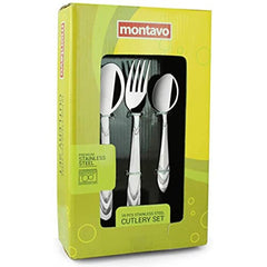 Montavo brand 18-piece stainless steel cutlery set in green retail packaging with clear front window.