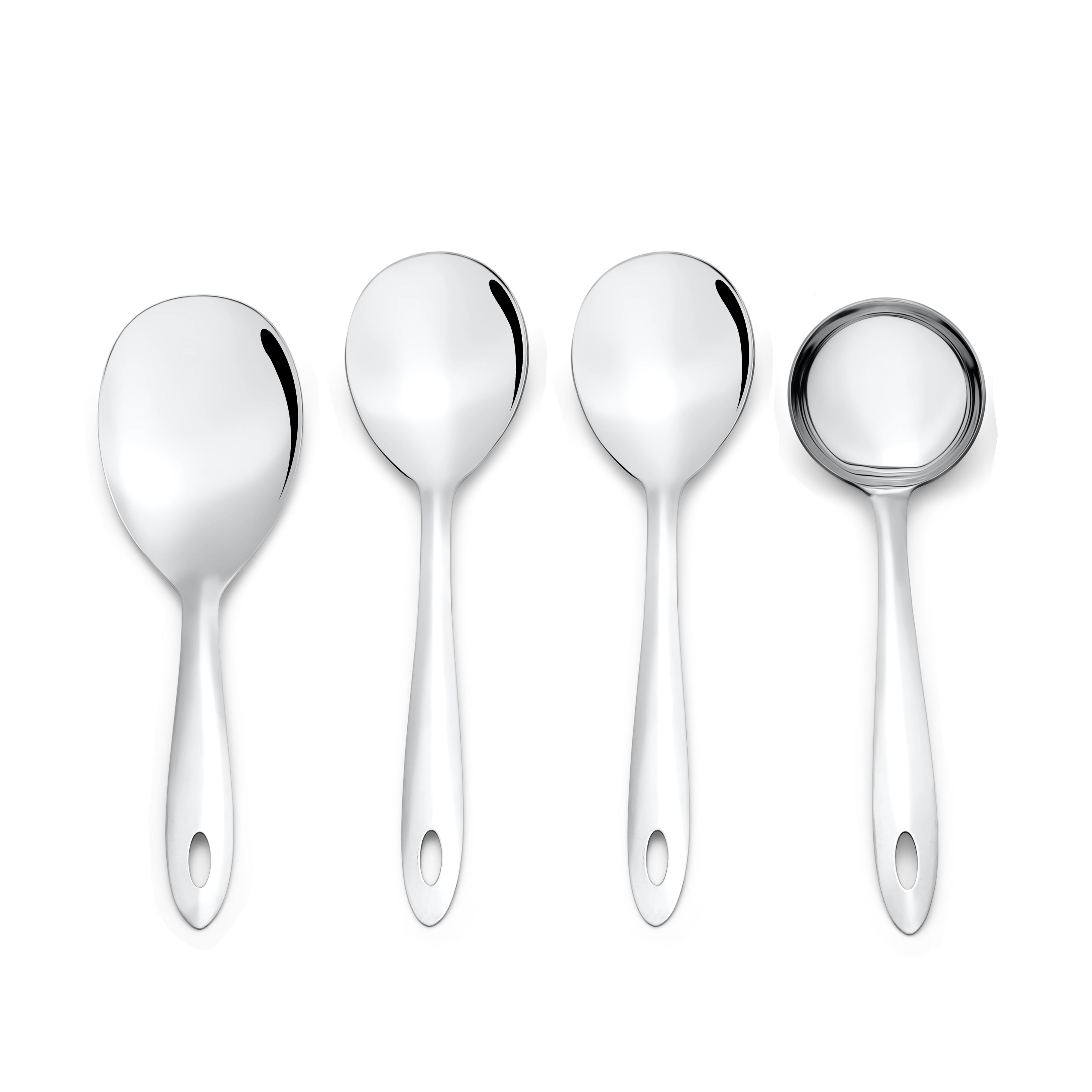 Montavo Amazon complete 4-piece serving spoons set on white background featuring rice server, vegetable spoons, and gravy ladle with oval handle design.