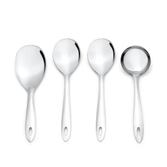 Montavo Amazon complete 4-piece serving spoons set on white background featuring rice server, vegetable spoons, and gravy ladle with oval handle design.