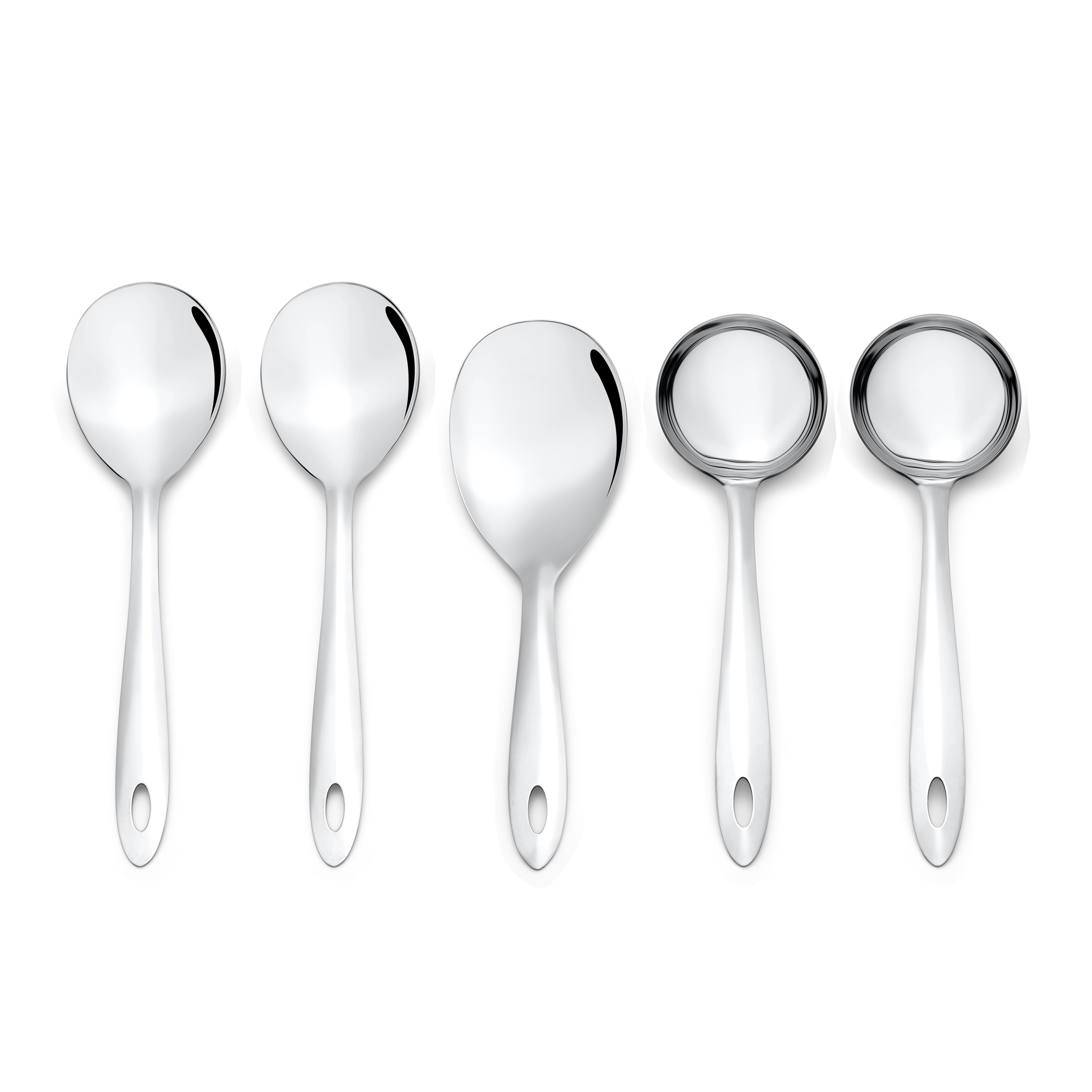 Montavo Amazon complete 5-piece serving spoons set on white background featuring two vegetable spoons, rice server, and two gravy ladles with oval handles.