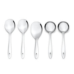 Montavo Amazon complete 5-piece serving spoons set on white background featuring two vegetable spoons, rice server, and two gravy ladles with oval handles.