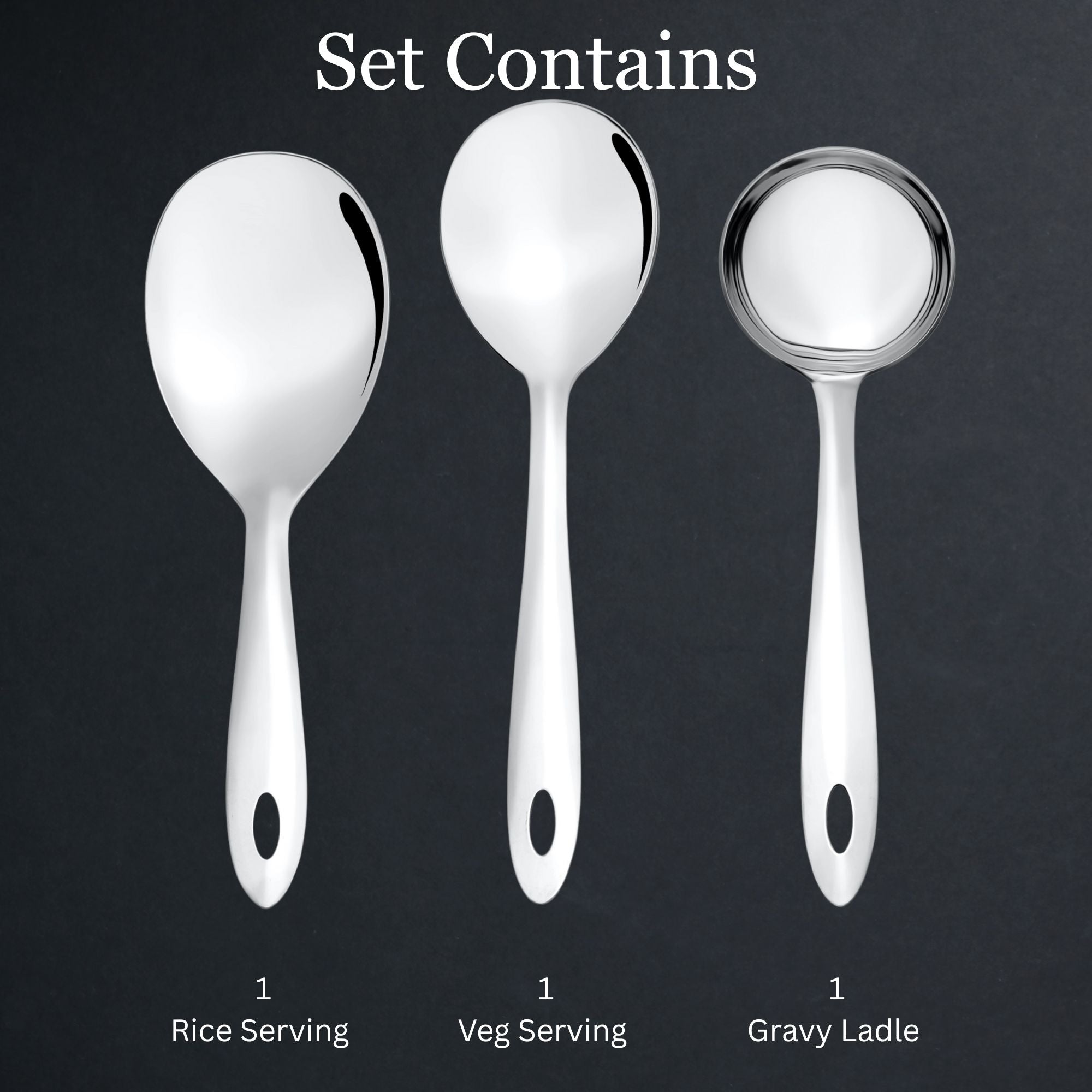 Montavo Amazon serving set contents infographic on dark background showing 1 rice server, 1 veg serving spoon, and 1 gravy ladle with mirror finish