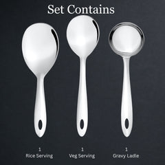 Montavo Amazon serving set contents infographic on dark background showing 1 rice server, 1 veg serving spoon, and 1 gravy ladle with mirror finish
