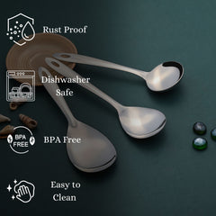 Montavo Amazon serving set features infographic highlighting rust-proof, dishwasher safe, BPA-free, and easy-to-clean properties on teal background with shells
