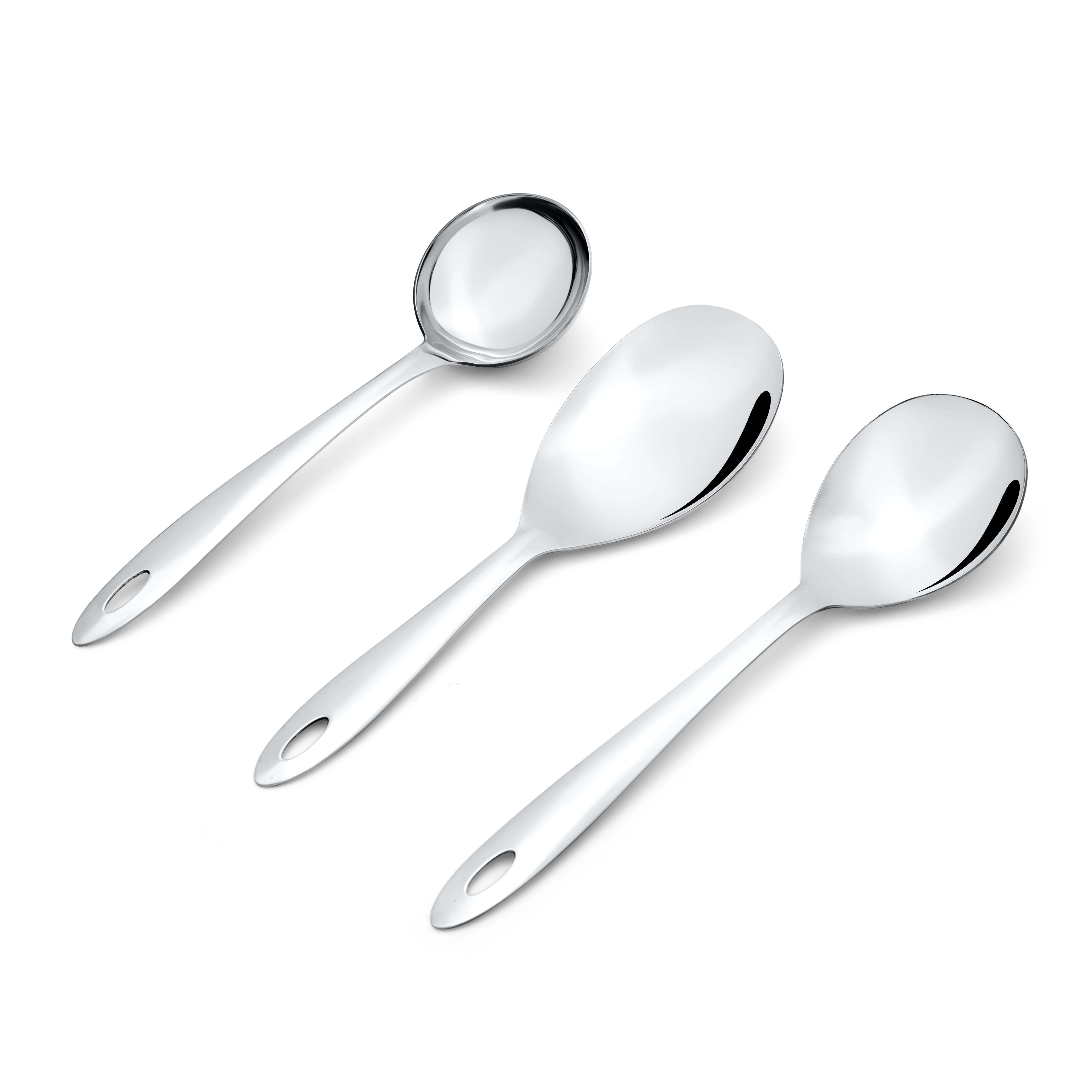 Montavo Amazon serving spoon set 3 pieces top view featuring gravy ladle, veg serving spoon, and rice server with hanging holes on white background