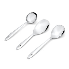 Montavo Amazon serving spoon set 3 pieces top view featuring gravy ladle, veg serving spoon, and rice server with hanging holes on white background