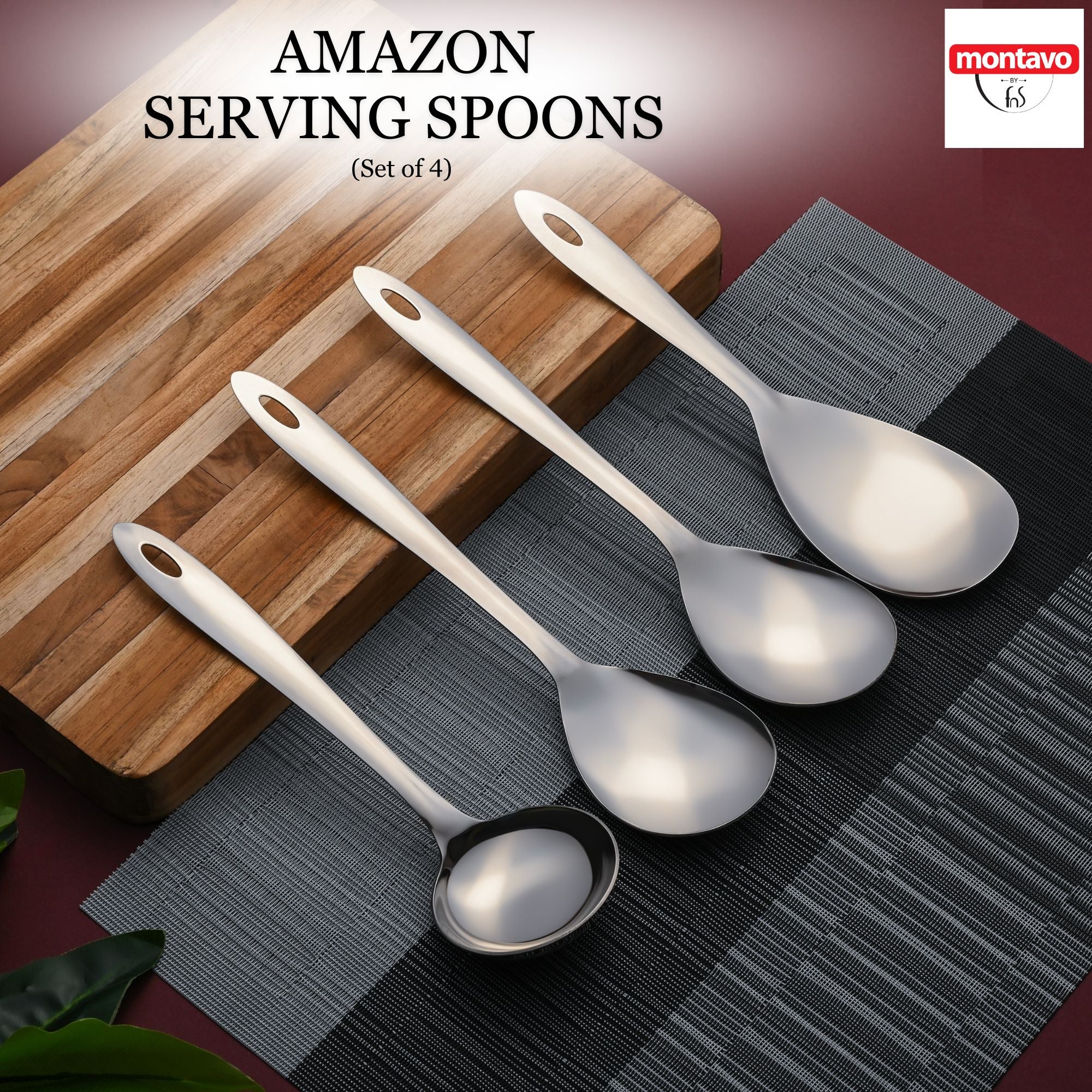 Montavo Amazon 4-piece stainless steel serving spoons set displayed on wooden board with black placemat, featuring Montavo branding and elegant design.