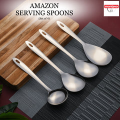 Montavo Amazon 4-piece stainless steel serving spoons set displayed on wooden board with black placemat, featuring Montavo branding and elegant design.