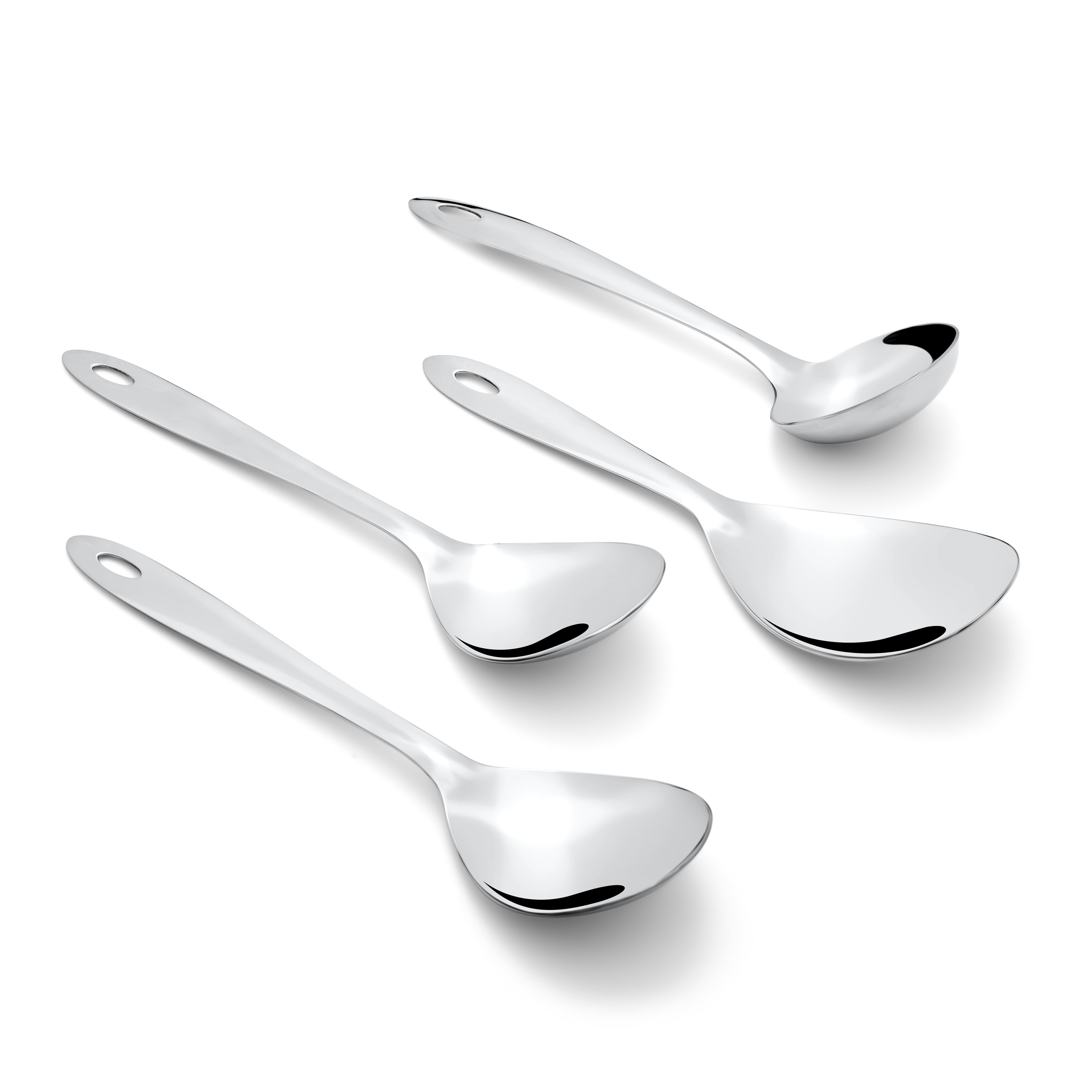 Montavo Amazon 4-piece serving spoons scattered on white background including gravy ladle, rice spoon, and two vegetable serving spoons with oval handles.