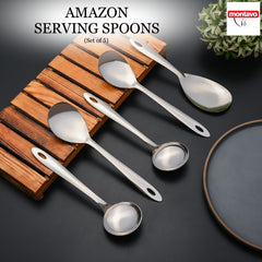 Montavo Amazon 5-piece stainless steel serving spoons set on wooden board with dark background, featuring Montavo branding and elegant mirror finish design.