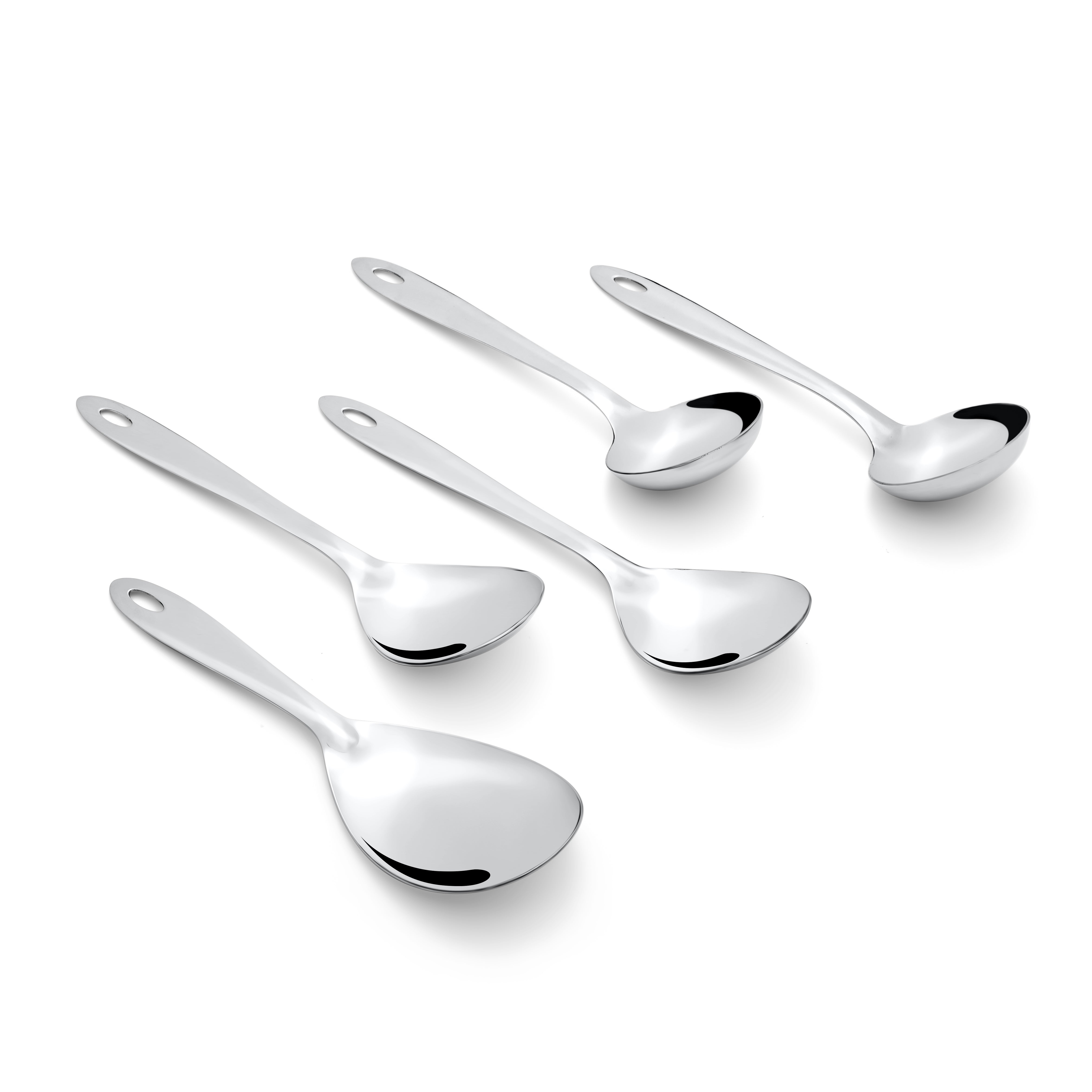 Montavo Amazon 5-piece serving spoons scattered on white background including rice server, vegetable spoons, and gravy ladles with ergonomic oval handles.