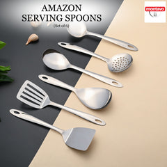Montavo by FNS Amazon 6-piece stainless steel serving spoon set displayed diagonally on dual-tone black and beige surface