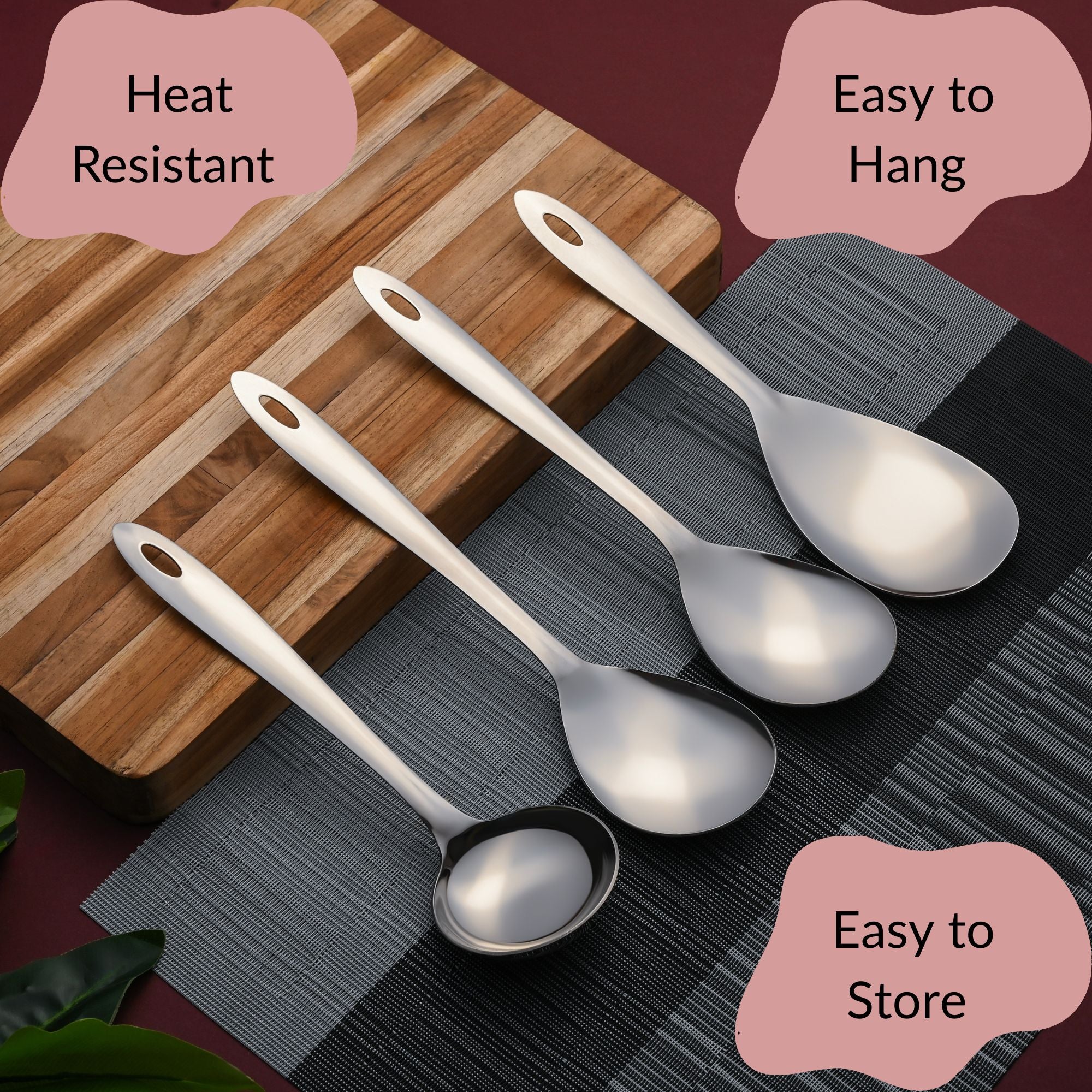 Montavo Amazon serving spoons highlighting heat-resistant design, convenient hanging holes for storage, and easy organization features perfect for modern kitchen spaces.
