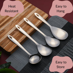 Montavo Amazon serving spoons highlighting heat-resistant design, convenient hanging holes for storage, and easy organization features perfect for modern kitchen spaces.