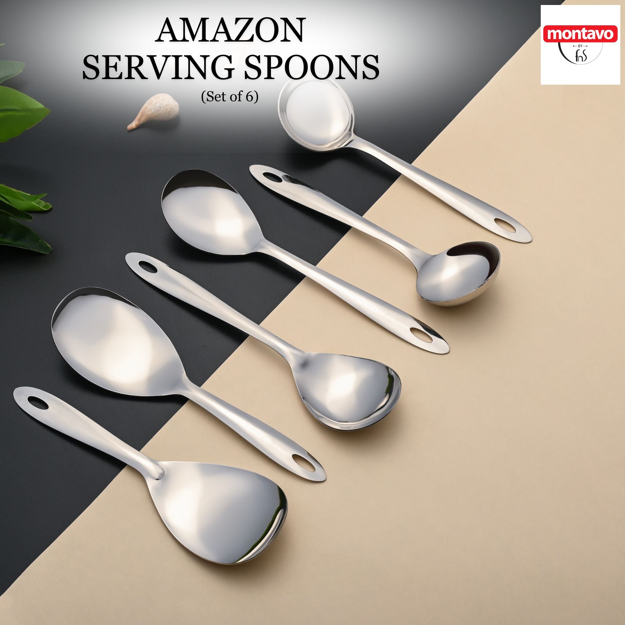 Montavo by FNS Amazon stainless steel serving spoons set of 6 with rust-proof finish displayed on kitchen counter