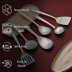 Montavo Amazon serving tools featuring rust-proof, dishwasher safe, BPA-free, and easy-to-clean properties with wooden tray display