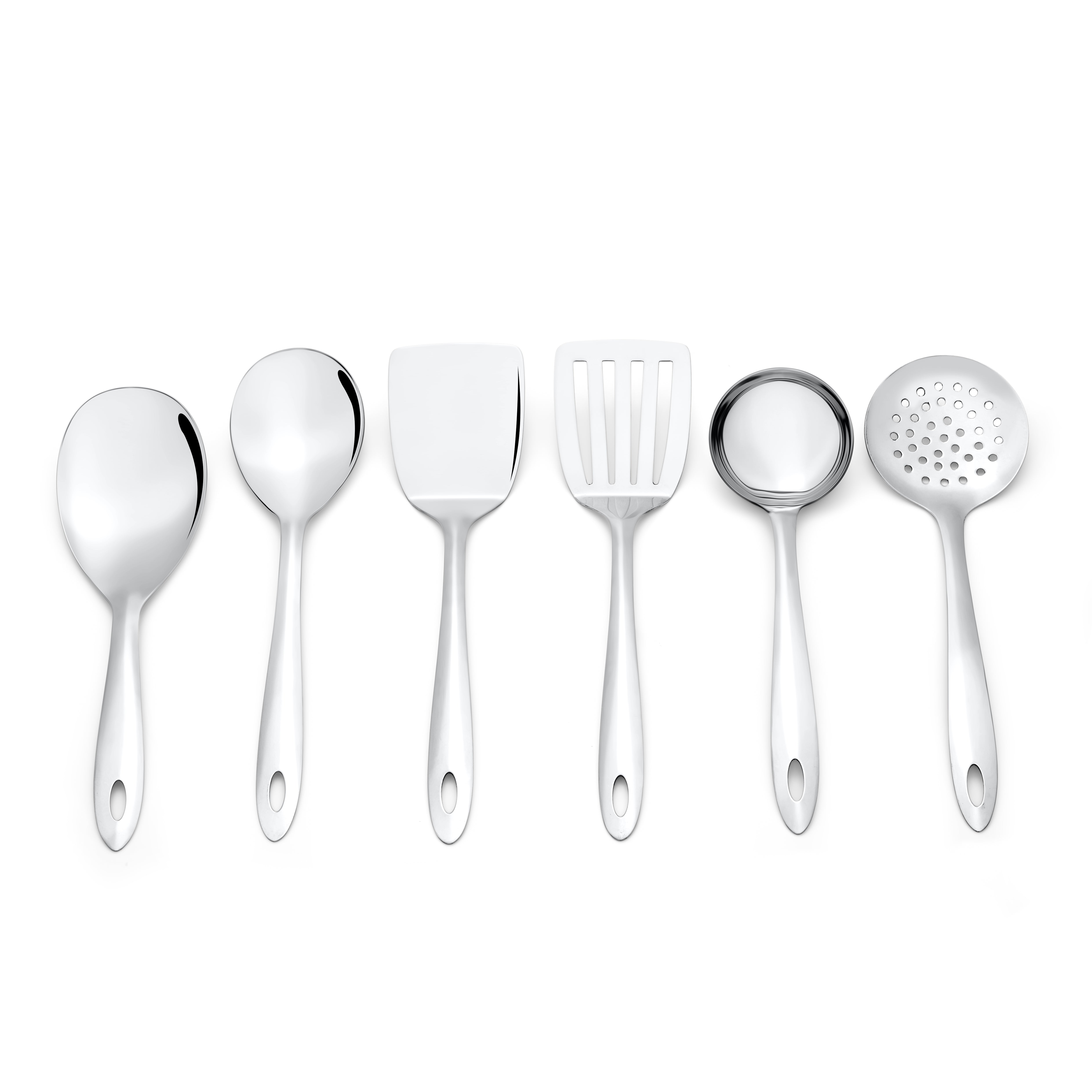 "Montavo Amazon 6-piece serving tools set featuring rice server, serving spoon, solid and slotted turners, gravy ladle, and skimmer
"