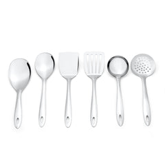 "Montavo Amazon 6-piece serving tools set featuring rice server, serving spoon, solid and slotted turners, gravy ladle, and skimmer
"