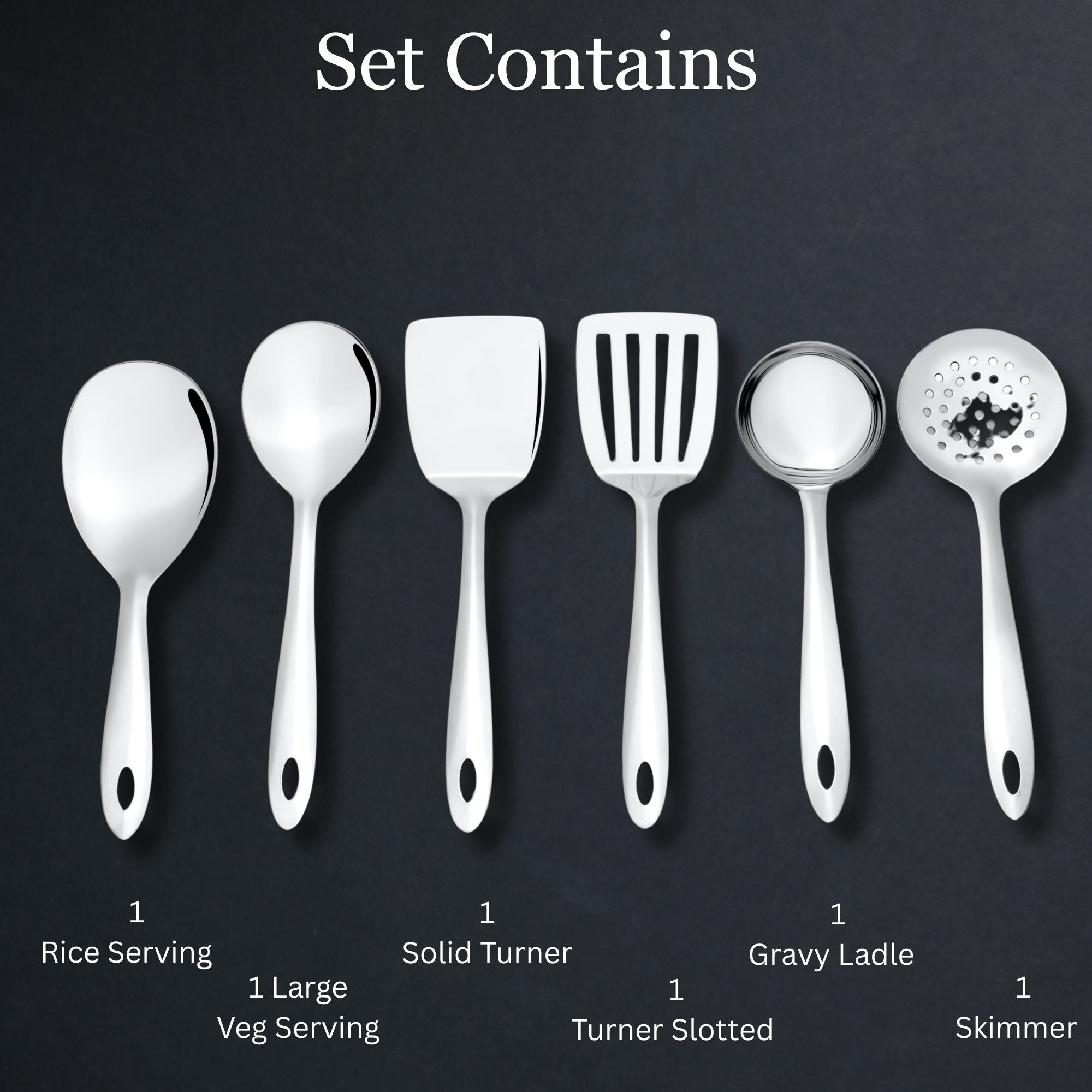 Montavo Amazon serving tools set contents infographic showing rice server, gravy ladle, serving spoon, solid turner, skimmer, and slotted turner