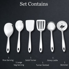 Montavo Amazon serving tools set contents infographic showing rice server, gravy ladle, serving spoon, solid turner, skimmer, and slotted turner