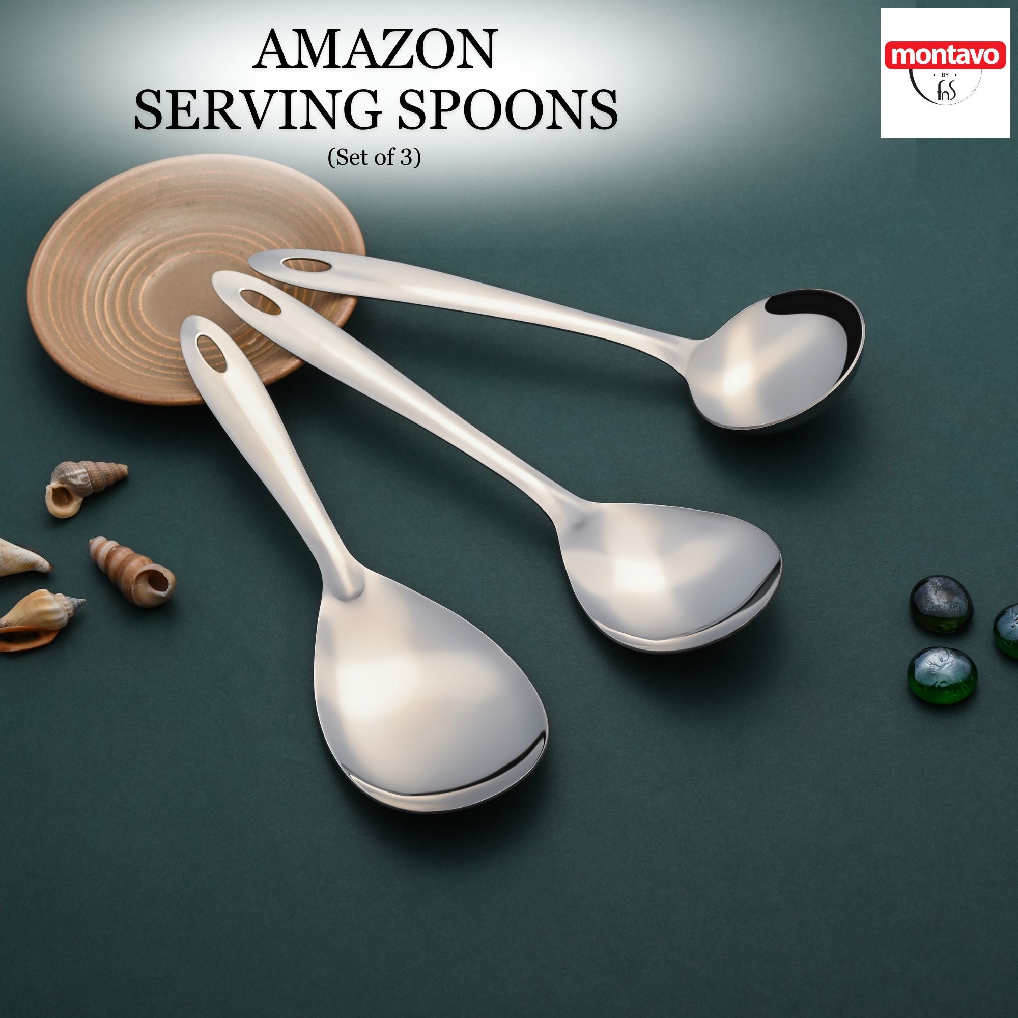 Montavo Amazon 3-piece serving tools including rice server, veg spoon, and gravy ladle on teal surface with wooden bowl and decorative shells