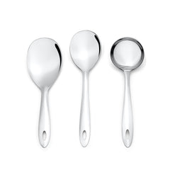 Montavo by FNS Amazon stainless steel 3-piece serving set top view displaying rice server, veg spoon, and gravy ladle with oval handle design