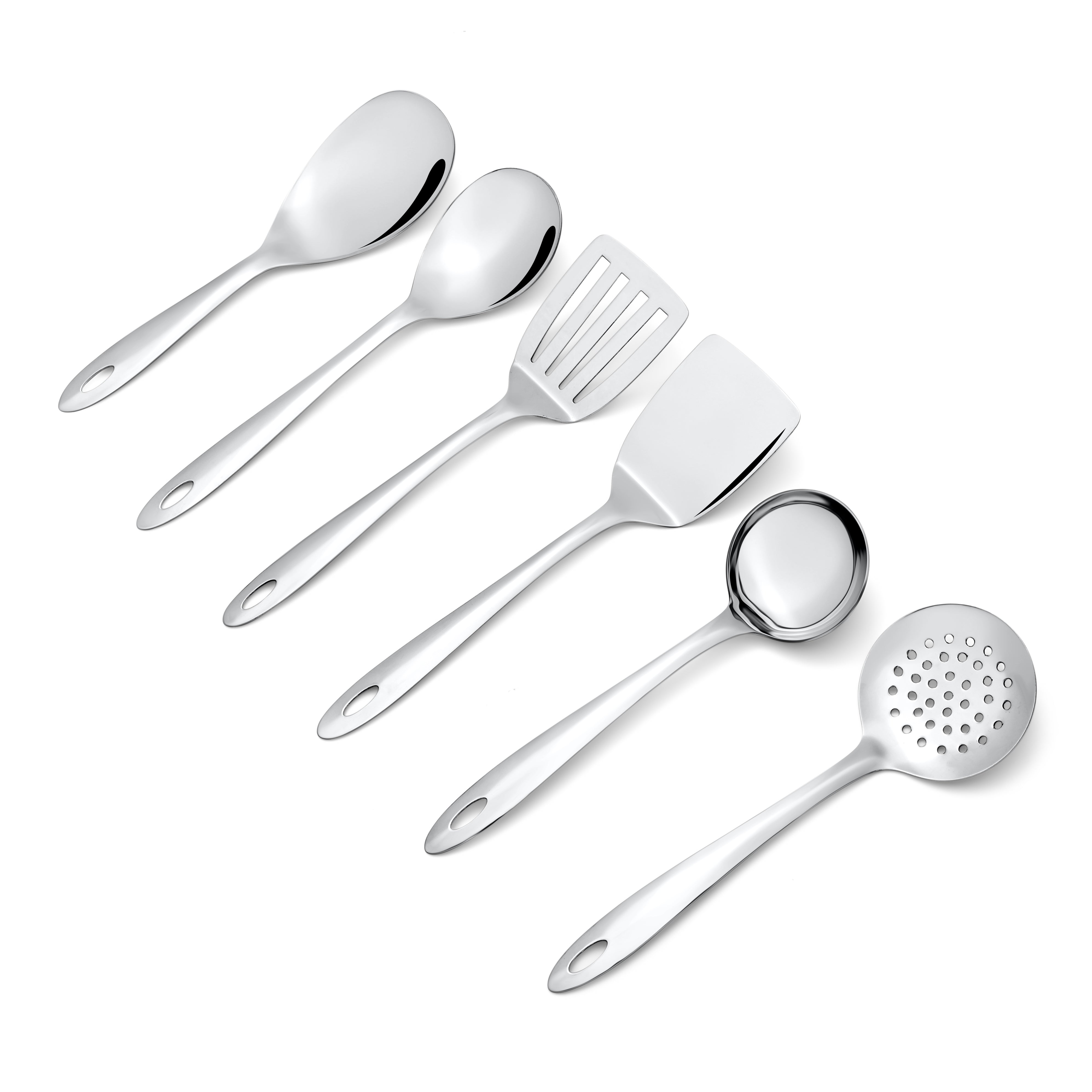Montavo Amazon stainless steel serving set with mirror polish finish showing all 6 kitchen utensils on white background