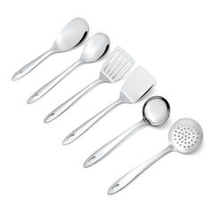Montavo Amazon stainless steel serving set with mirror polish finish showing all 6 kitchen utensils on white background