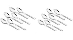 Twelve stainless steel teaspoons with textured handles arranged in two groups of six on white background, displaying matching set design.
