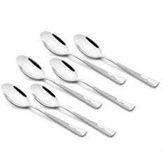 Six stainless steel teaspoons with hammered texture handles arranged diagonally on white background, showing mirror-finish bowls and contemporary design.