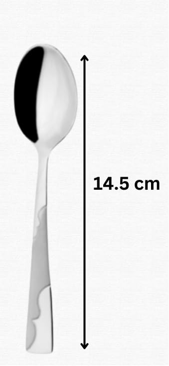 Single stainless steel teaspoon displayed vertically with 14.5 cm measurement indicator, showing sleek modern design and mirror finish on white background.