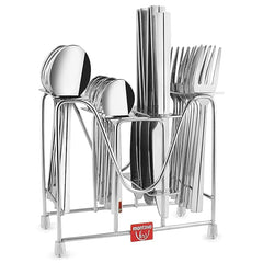 Polished stainless steel cutlery set neatly organized in a modern chrome wire stand by Montavo.