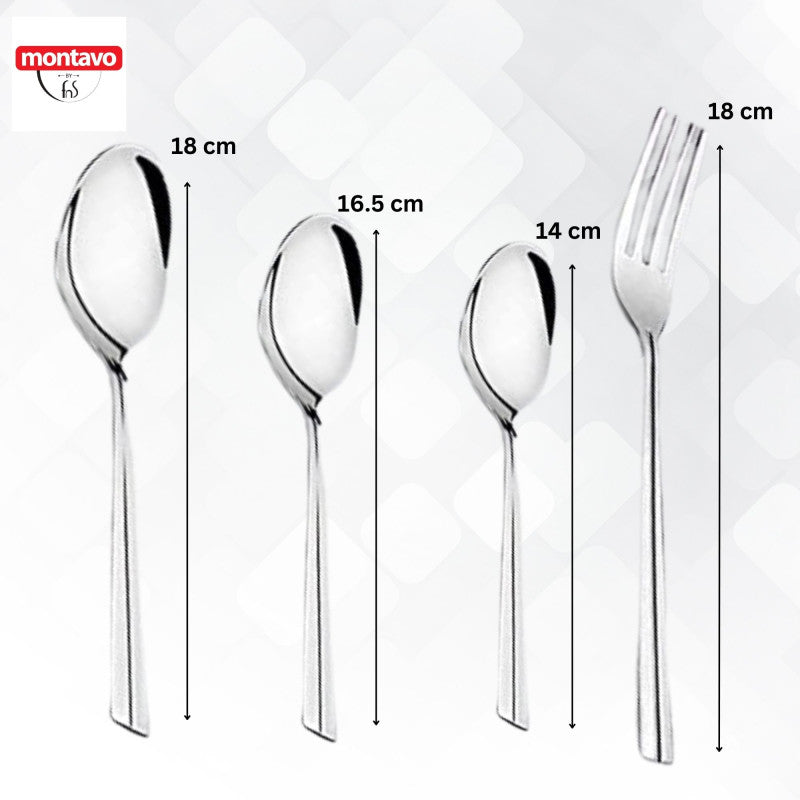 Four stainless steel utensils with labeled dimensions: dinner spoon, teaspoon, baby spoon, and dinner fork.